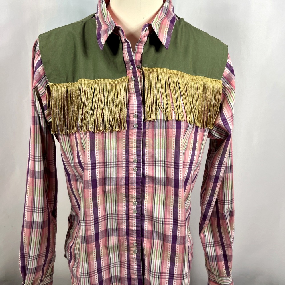 Aura Wrangler Women's Plaid Fringe Trimmed Western Pearl Snap Shirt Size Large